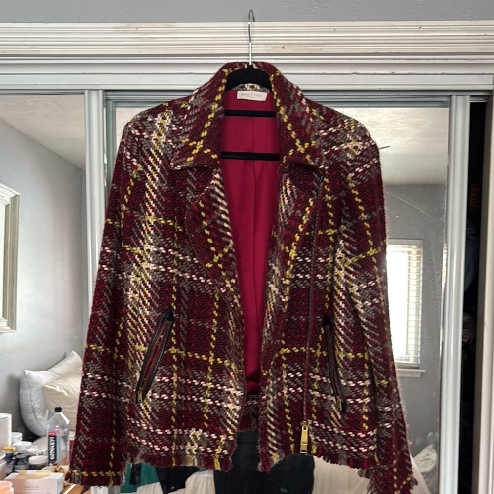 Ramy Brook Burgundy Plaid Tweed Blazer Jacket with Yellow Accents
